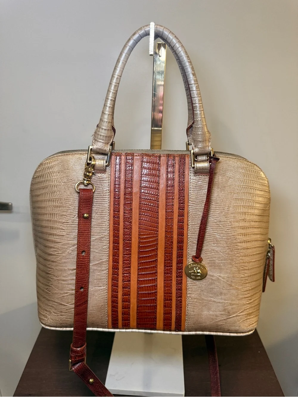 Brahmin Vivian Beige and Brown Textured Satchel